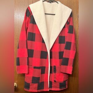 GUC Eddie Bauer Soft Sherpa lined open front Warm shawl collar cardigan Plaid